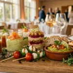 Apéritif froid à préparer d’avance : des tartinades, des crudités et des pains à servir simplement au buffet.