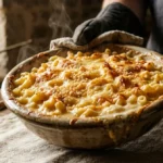 Gratin familial de macaronis à la sauce crémeuse, coiffé d’une croûte de fromage dorée, pour introduire cette recette à l’ancienne.