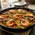 Paella valencienne au poulet et au lapin, avec du riz et des haricots verts, pour introduire cette recette maison destinée à quatre personnes.