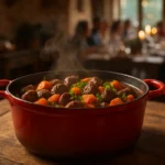Un grand mijoté préparé pour une tablée de dix personnes illustre l’idée d’un plat convivial à anticiper la veille.
