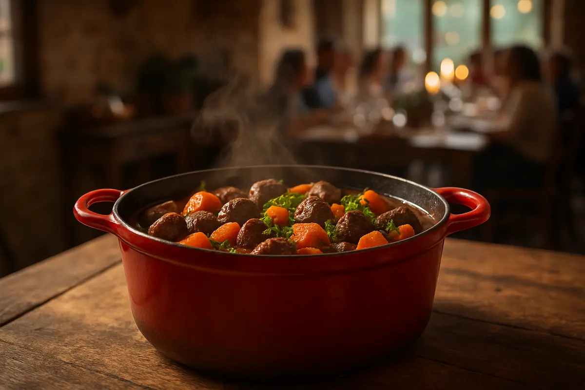 Un grand mijoté préparé pour une tablée de dix personnes illustre l’idée d’un plat convivial à anticiper la veille.
