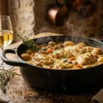 Lapin à la moutarde et à la crème dans une cocotte : une recette mijotée à feu doux, dont la durée dépend des étapes indiquées.