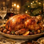 Un chapon rôti prêt à être servi introduit un article sur la cuisson en chaleur tournante, sans garantir durée ni réglage de four.