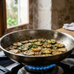Courgettes en tronçons, dorées par endroits et encore fermes, introduisent une recette de poêlée à servir.