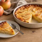 Clafoutis aux pommes fondant, doré en surface et garni de morceaux de fruits, pour introduire cette recette familiale.