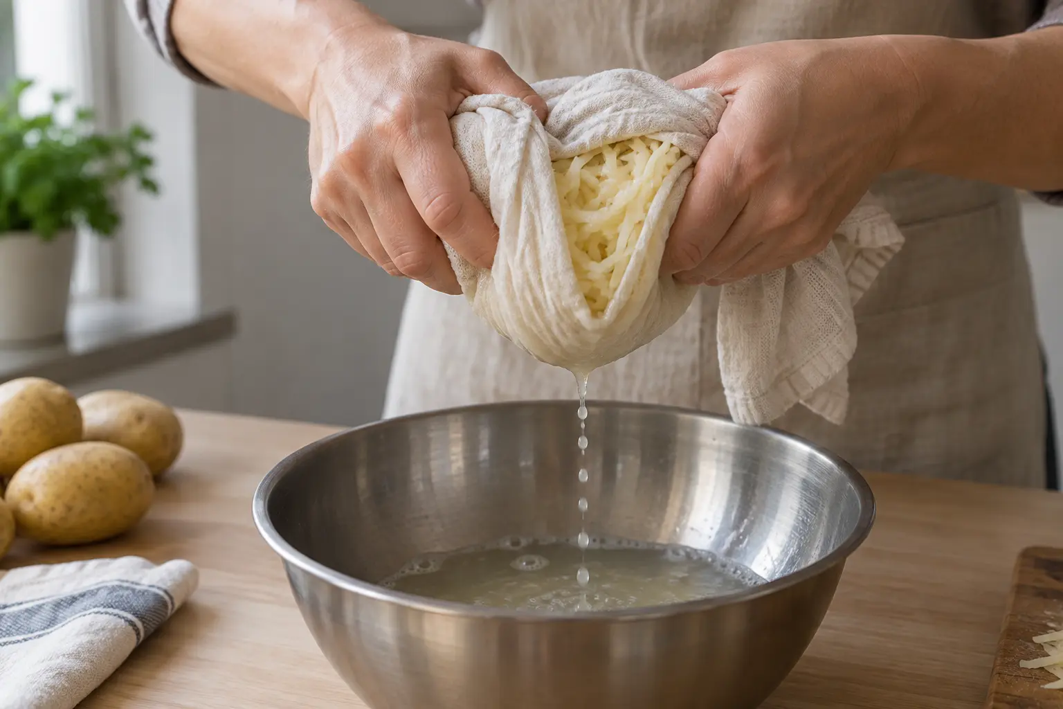 Des mains pressent un linge rempli de pommes de terre rĂąpĂ©es au-dessus dâun saladier pour en extraire le liquide.