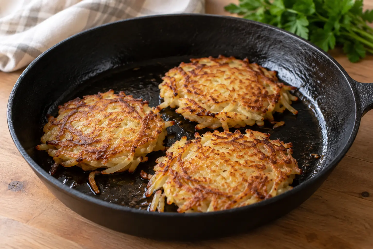 Galettes fines de pommes de terre râpées, dorées et ponctuées de ciboulette, introduisent une recette à la poêle.