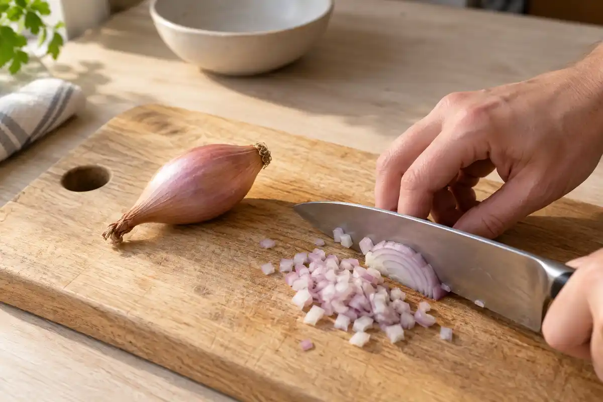 Échalotes coupées en petits morceaux au couteau, prêtes à être réparties dans le plat avec les crépinettes.