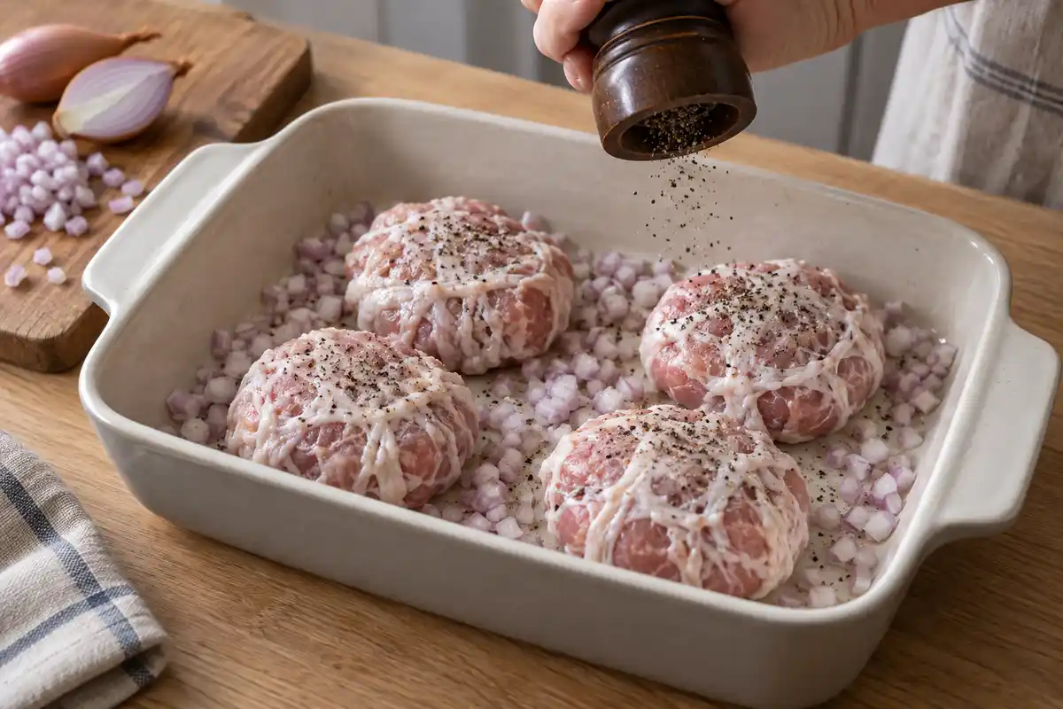 Quatre crépinettes crues disposées avec les échalotes hachées, pendant l’assaisonnement au poivre avant cuisson.