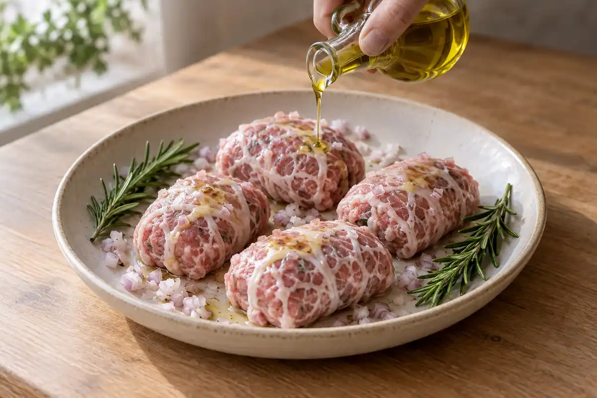 Un filet d’huile est versé sur les crépinettes crues avec les échalotes et le romarin, juste avant enfournement.