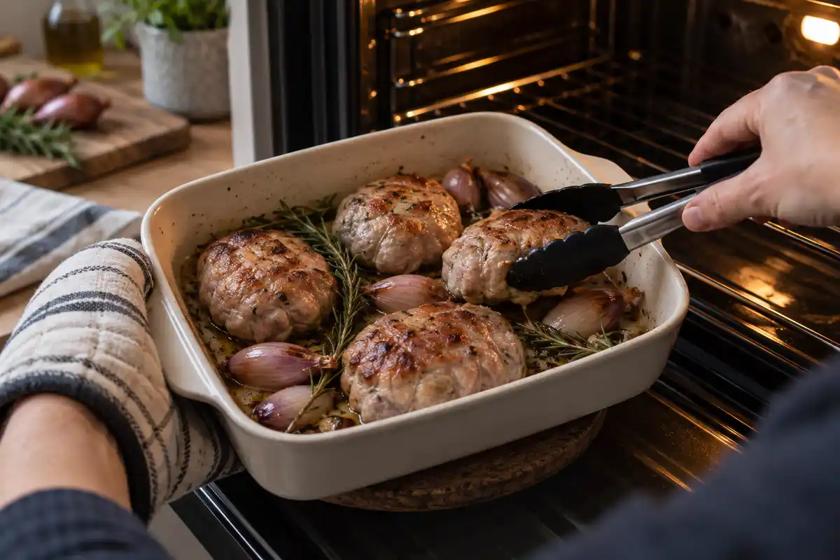 Une crépinette partiellement dorée est retournée à la pince au milieu de la cuisson au four, avec les autres dans le plat.