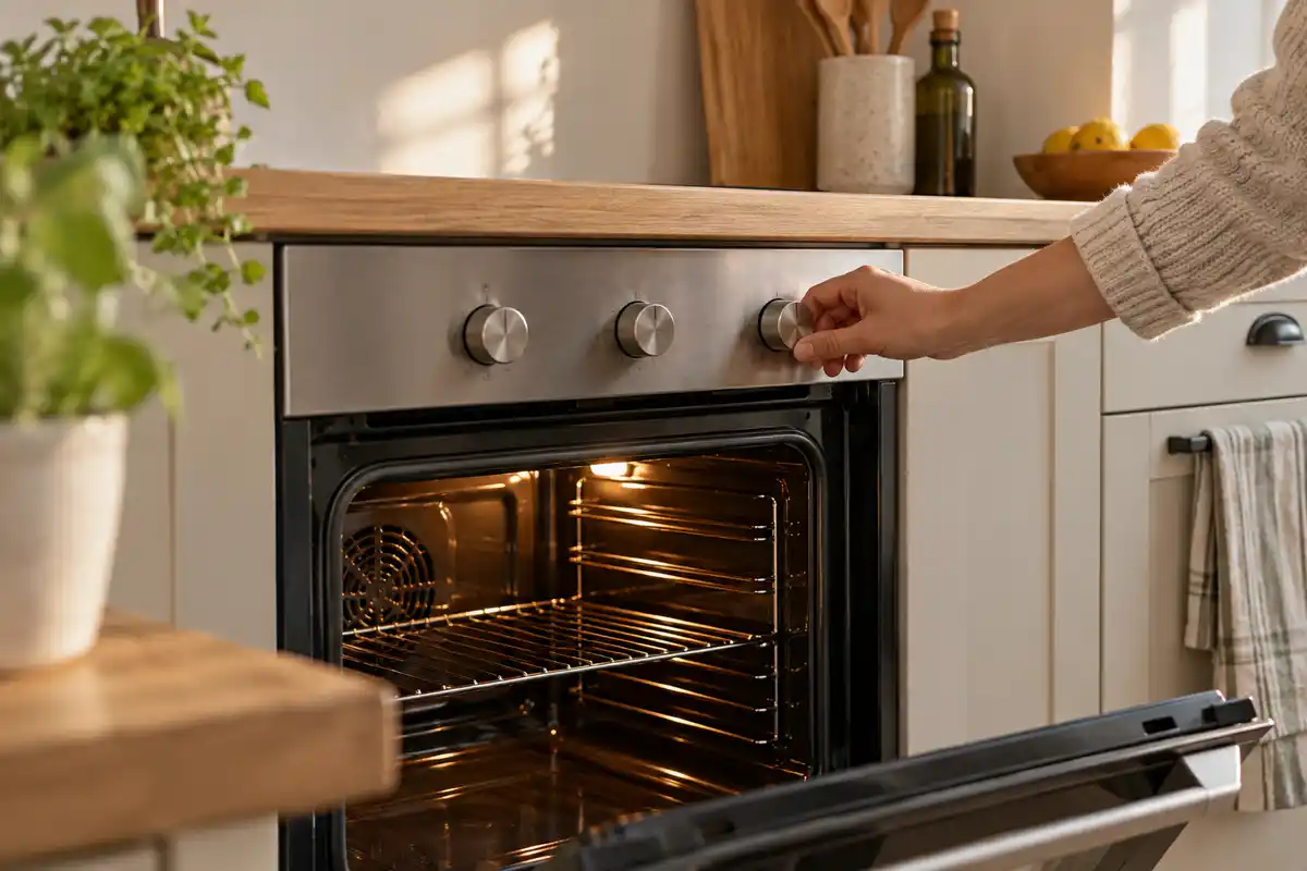 Une main rÚgle le four vide avant de préparer les muffins, pour lancer la cuisson en chaleur tournante.