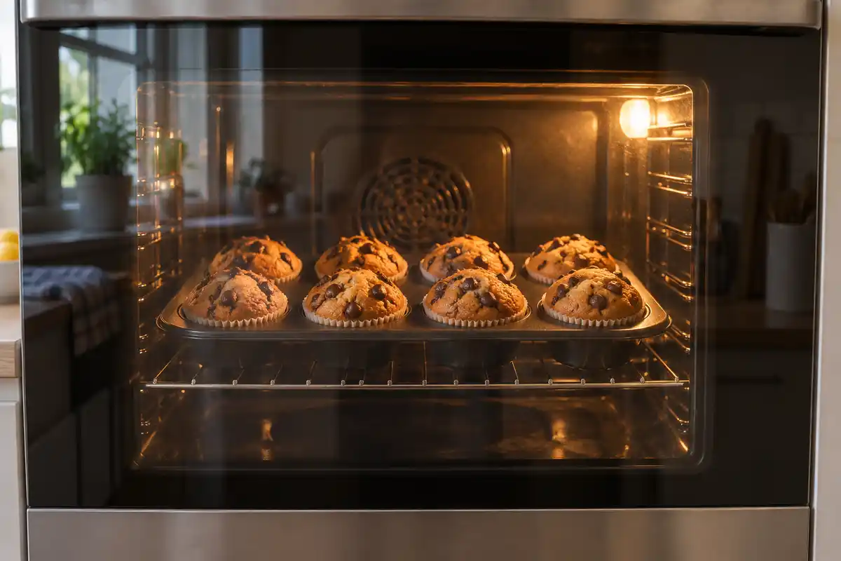 Les muffins aux pépites gonflent et dorent dans le moule au four pendant la cuisson en chaleur tournante.