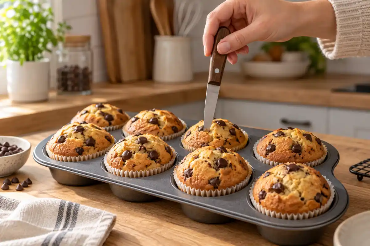 La pointe dâun couteau est retirĂ©e du centre dâun muffin pour contrĂŽler la cuisson aprĂšs passage au four.