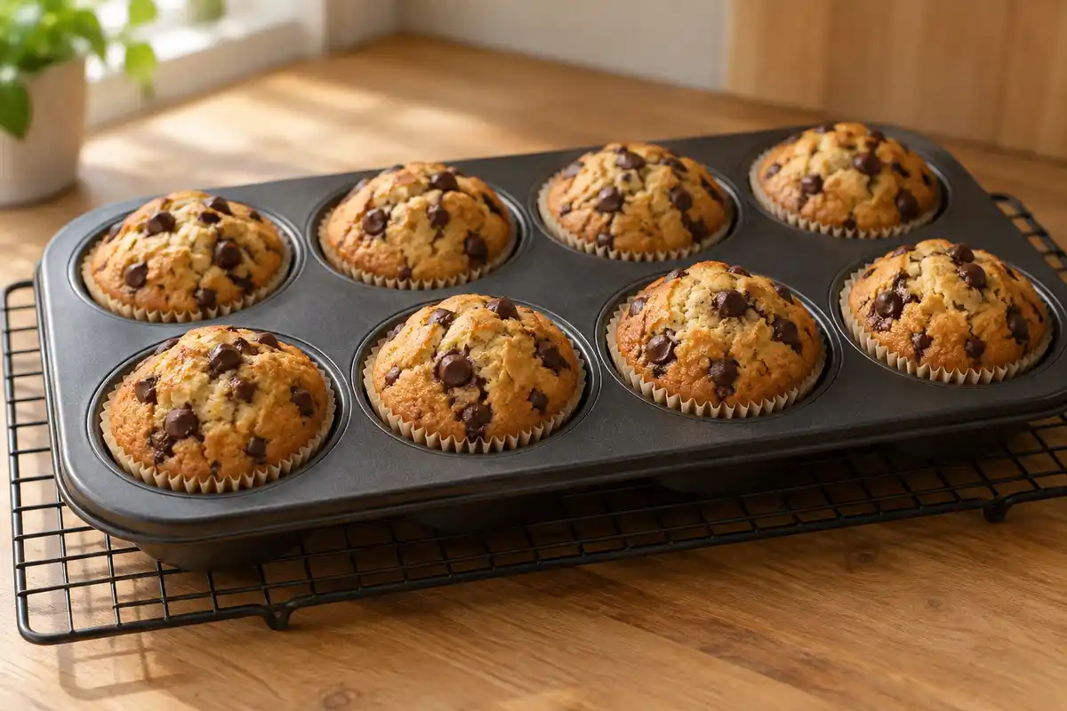 Les muffins dorĂ©s restent dans leur moule sur une grille pour tiĂ©dir avant dâĂȘtre dĂ©moulĂ©s.