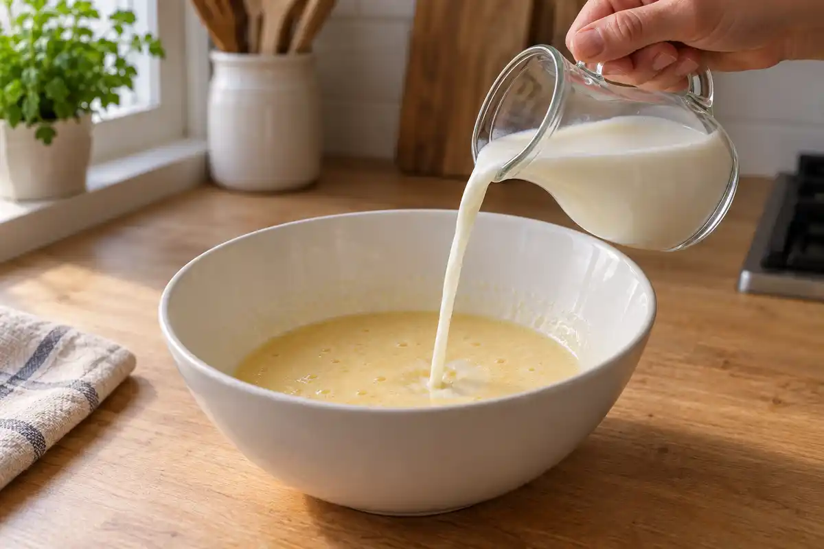 Le lait est versĂ© dans le mĂ©lange dâĆufs, de sucre, de beurre tiĂ©di et de vanille avant lâajout de la farine.