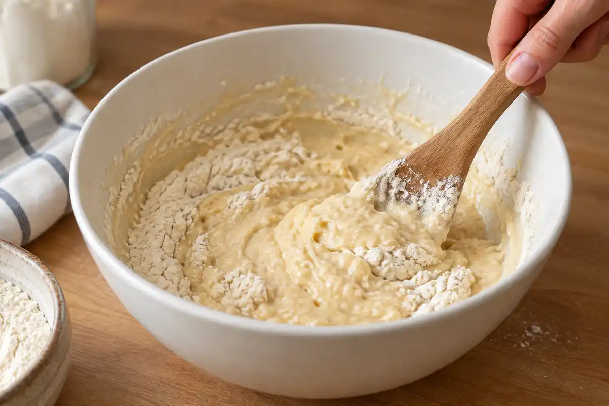 La prĂ©paration liquide est mĂȘlĂ©e briĂšvement Ă la farine ; la pĂąte Ă muffins reste Ă©paisse et irrĂ©guliĂšre.