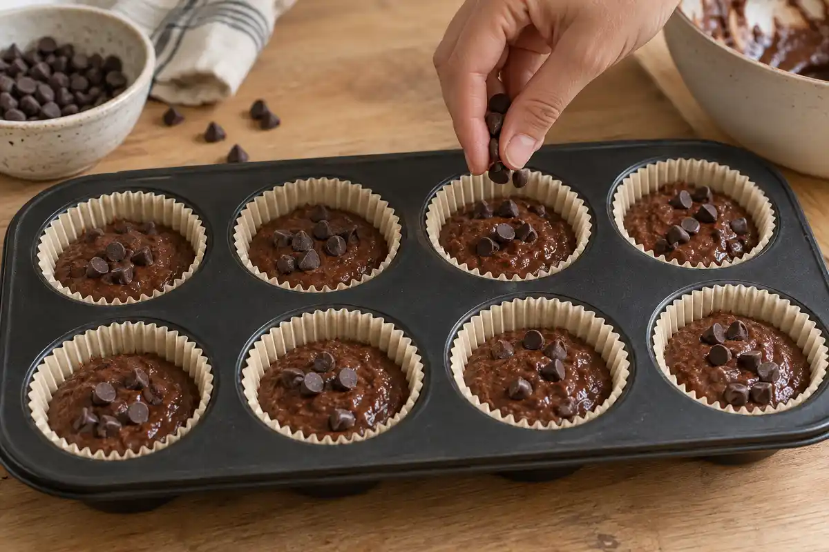 Des pĂ©pites de chocolat rĂ©servĂ©es sont parsemĂ©es sur la pĂąte crue dans les caissettes avant dâenfourner.