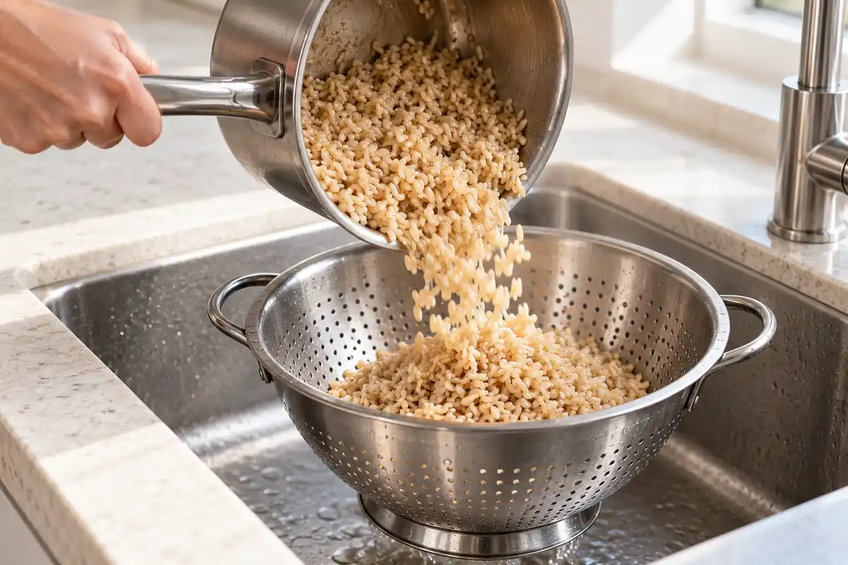 Le riz complet cuit est versĂ© dans une passoire pour lâĂ©goutter avant la prĂ©paration des autres accompagnements.