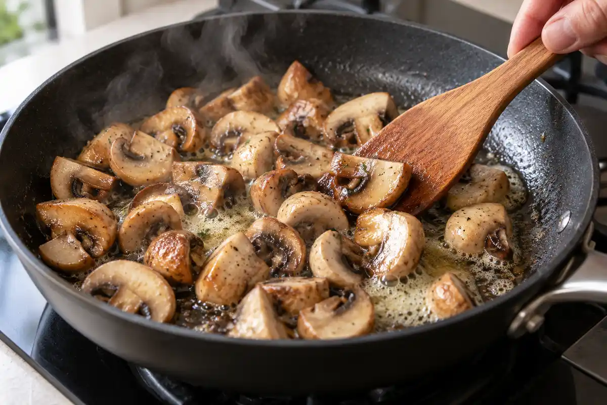 Les quartiers de champignons cuisent au beurre Ă la poĂȘle avant la saisie des noix de Saint-Jacques.