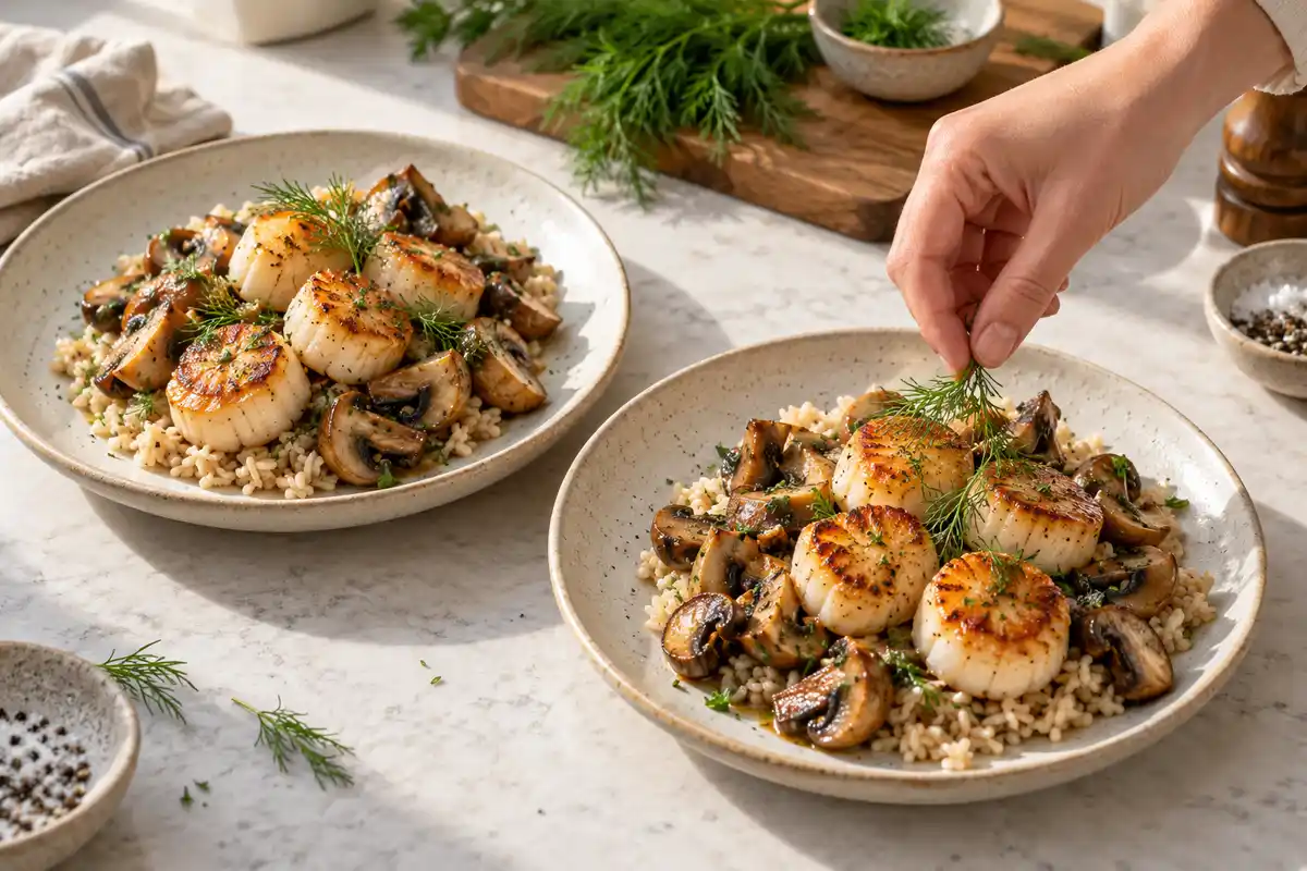 Deux assiettes rĂ©unissent riz complet, champignons et noix de Saint-Jacques saisies, avec une finition dâaneth ajoutĂ©e au service.