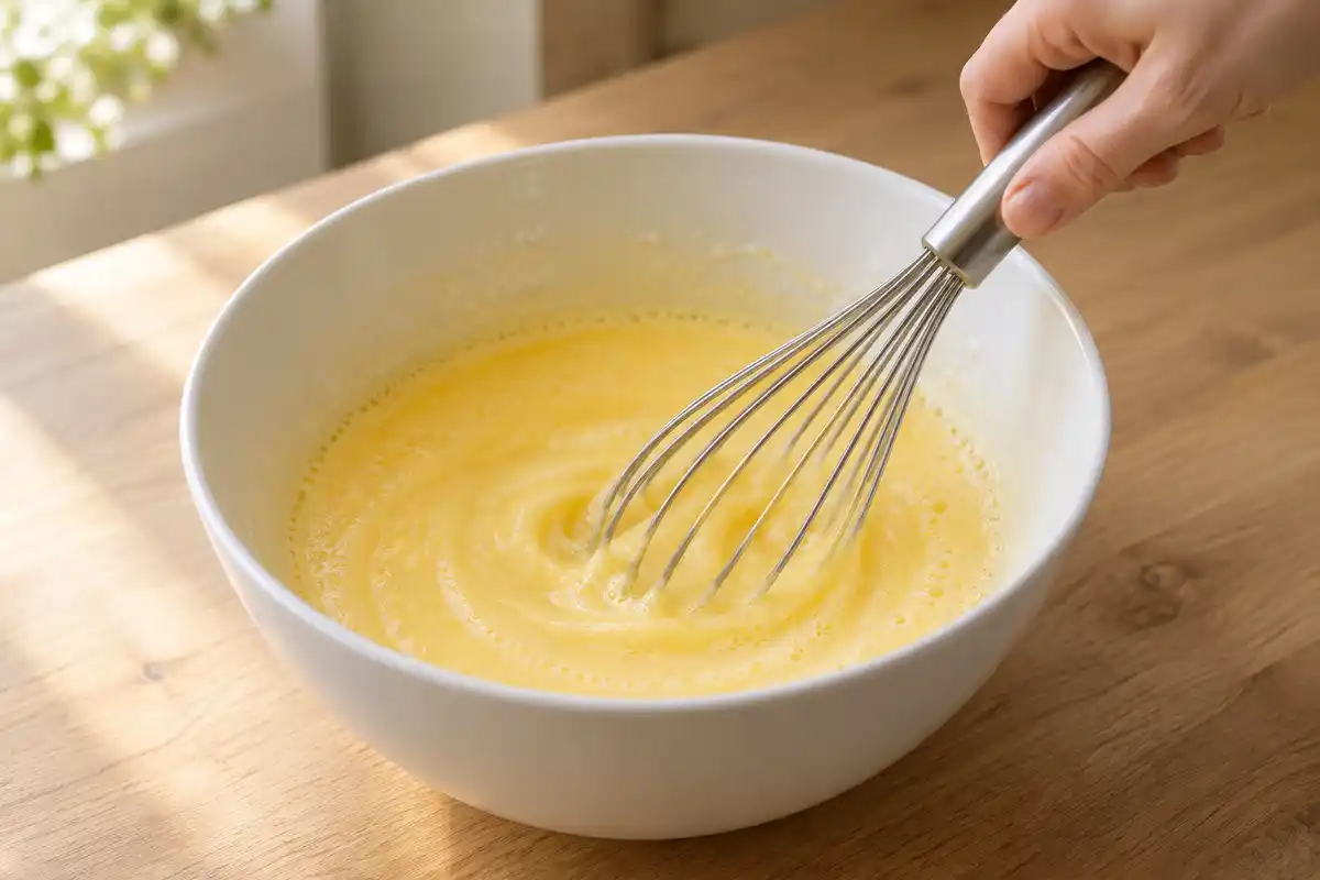 Ćufs et sucres fouettĂ©s jusquâĂ obtenir un mĂ©lange fluide, premiĂšre base de la pĂąte du clafoutis aux pommes.