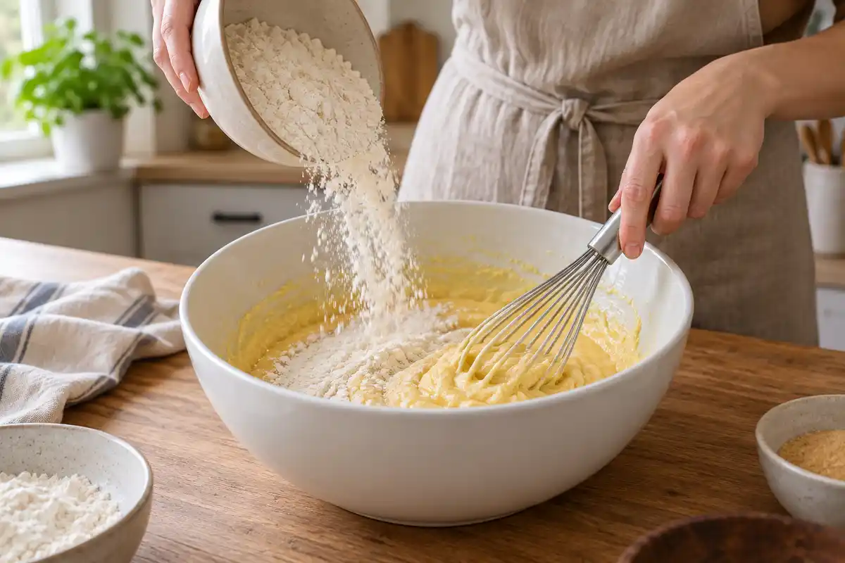 La farine rejoint peu Ă peu le mĂ©lange dâĆufs et de sucres, pour former la pĂąte avant lâajout des liquides.