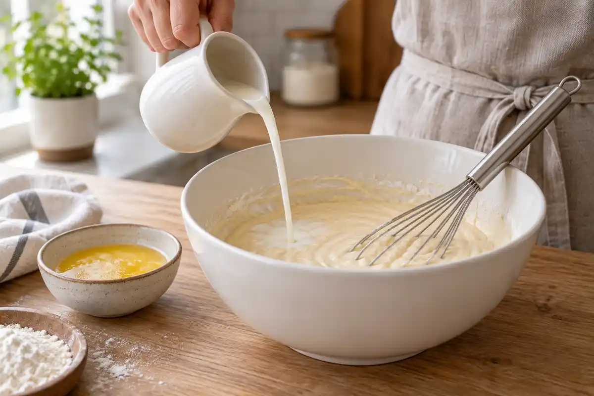 Un filet de lait est versĂ© dans la pĂąte claire, avant le mĂ©lange et lâajout du beurre fondu.