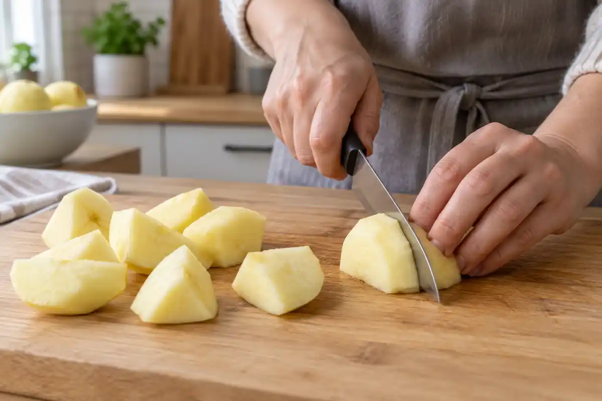 Une pomme épluchée est coupée en morceaux, comme ceux qui seront déposés crus au fond du moule.