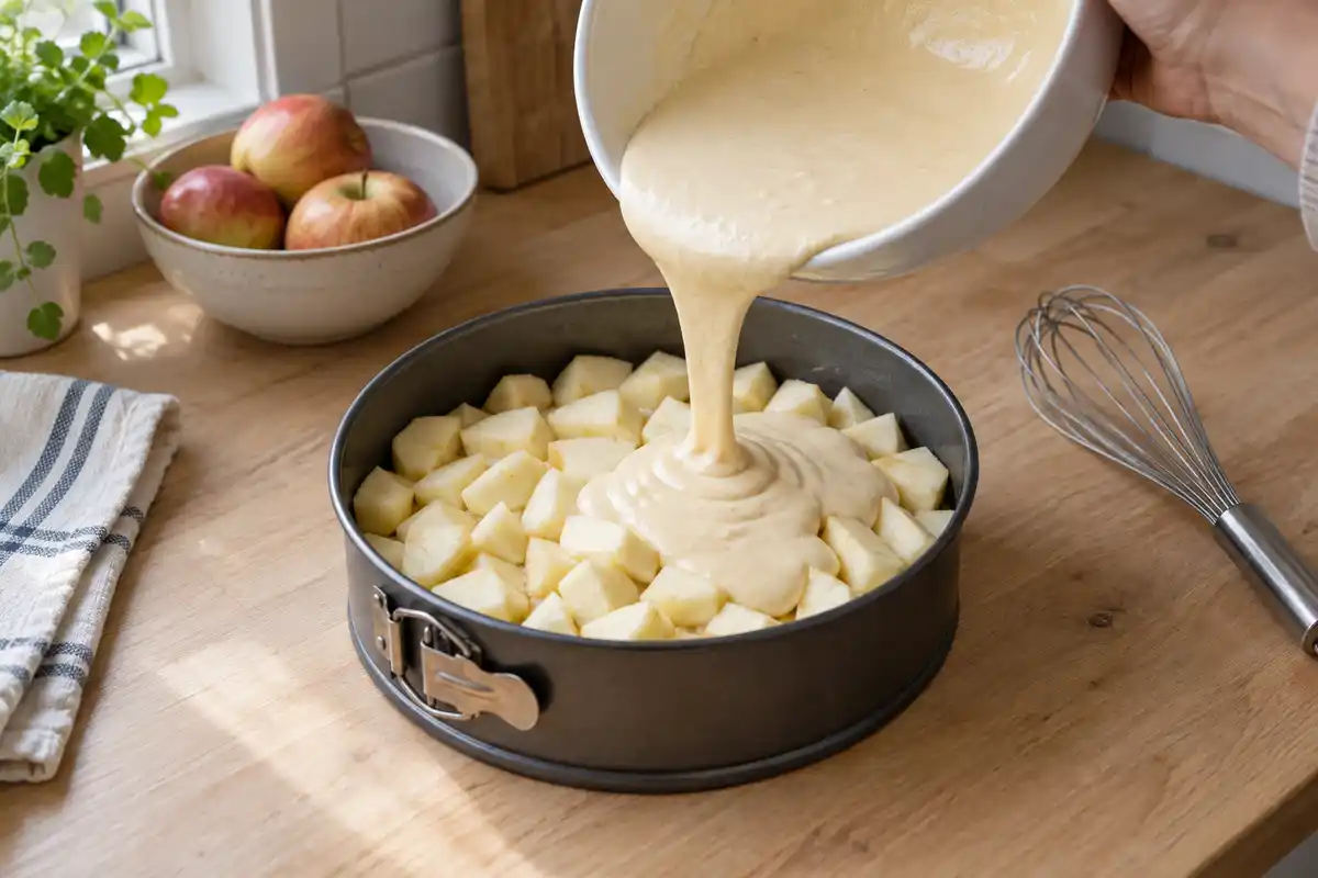 Les morceaux de pommes crues couvrent le fond du moule tandis que la pùte claire est versée par-dessus.