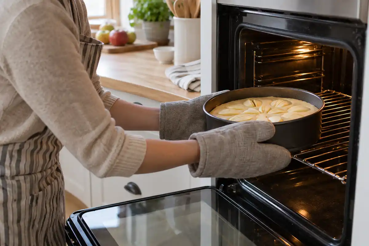 Le moule garni de pùte crue et de pommes est glissé sur la grille du four pour la cuisson du clafoutis.