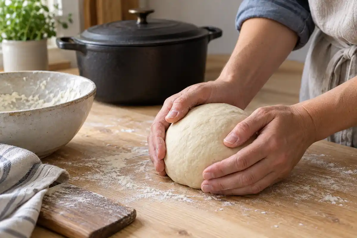 Une boule de pùte ferme destinée à sceller la cocotte est façonnée avant son repos au réfrigérateur.
