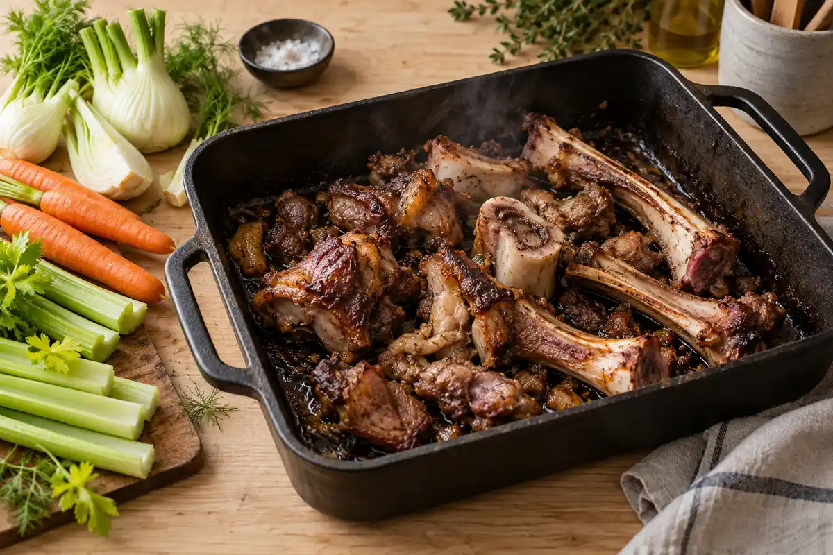 Les parures dâagneau rissolent au four avant la cuisson longue du gigot en cocotte.