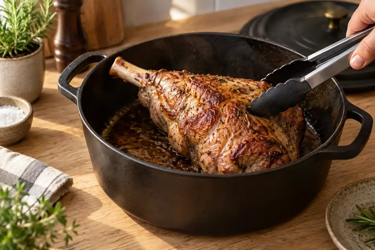 Le gigot entier dore en cocotte ouverte, une face saisie Ă la pince avant sa cuisson lente.