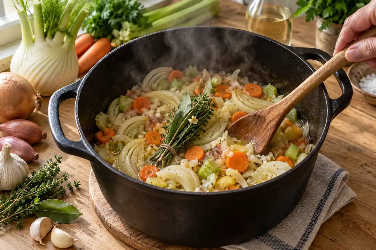 Les lĂ©gumes, aromates et bouquet garni frĂ©missent dans le vin blanc avant lâajout du gigot.