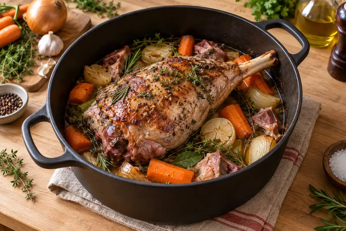 Le gigot doré rejoint les légumes et le bouillon dans la cocotte ouverte, avant la cuisson lente.