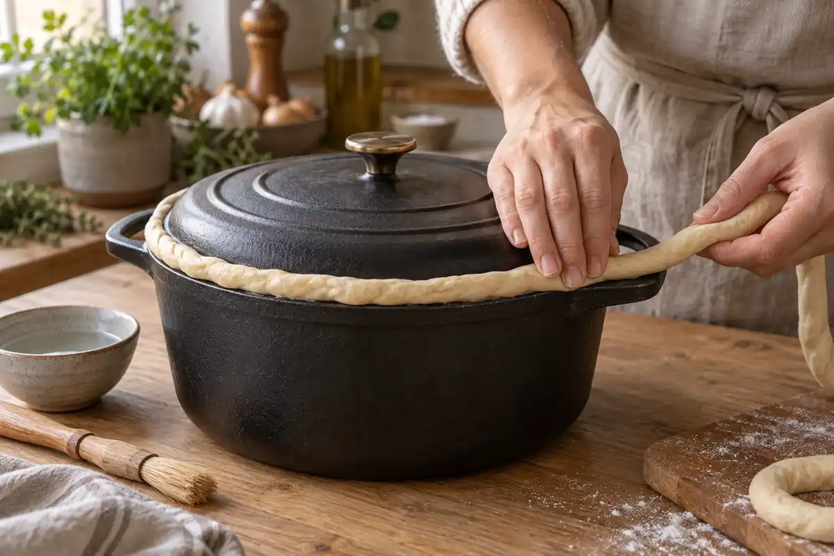 Un cordon de pùte est posé sur la jonction du couvercle pour sceller la cocotte avant la cuisson.