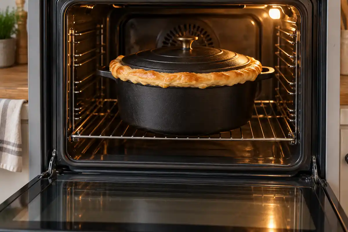 La cocotte fermée et scellée par un cordon de pùte est placée dans le four pour la cuisson prolongée.