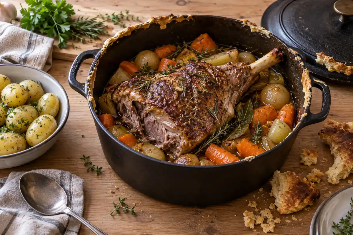 Le gigot cuit en cocotte est servi avec ses légumes, son jus et des pommes de terre en accompagnement.