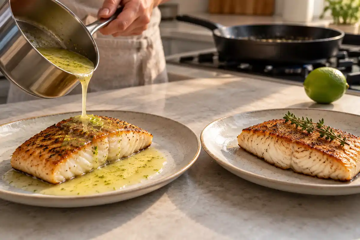 Les pavés de dorade coryphÚne sont nappés de beurre au citron vert au moment du service et garnis de thym frais.