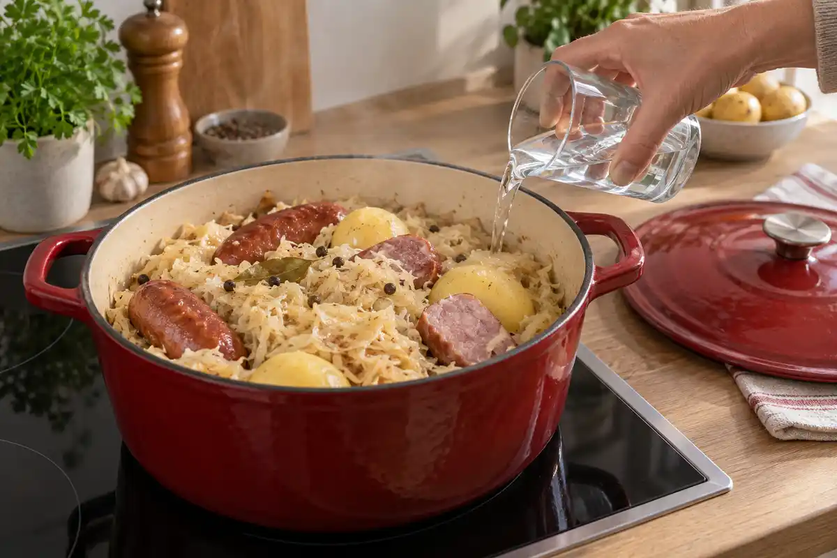 Un peu dâeau est ajoutĂ© Ă la choucroute cuite dans la cocotte avant de la couvrir pour un rĂ©chauffage doux.