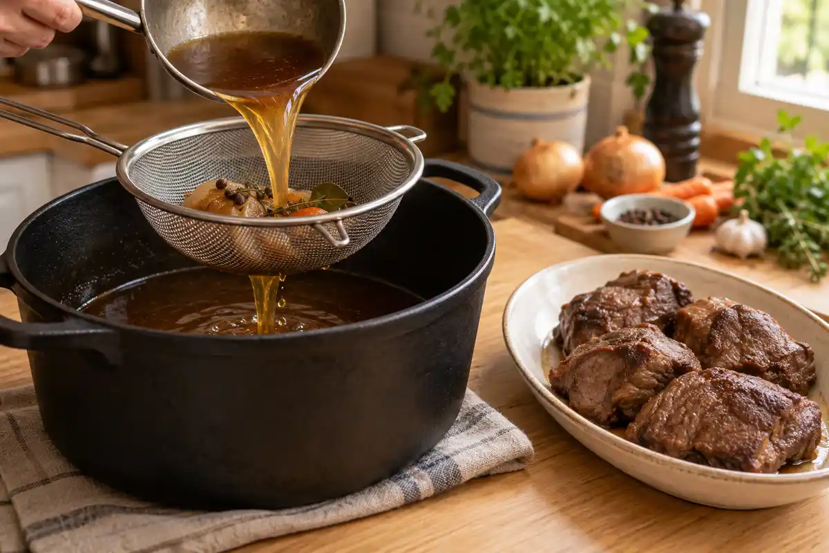 La viande cuite est réservée tandis que le jus passe à la passoire pour séparer la sauce des morceaux.
