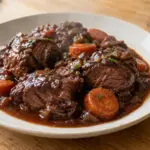 Joues de porc mijotées au vin rouge, nappées d’une sauce brune, pour découvrir la recette et sa cuisson longue.