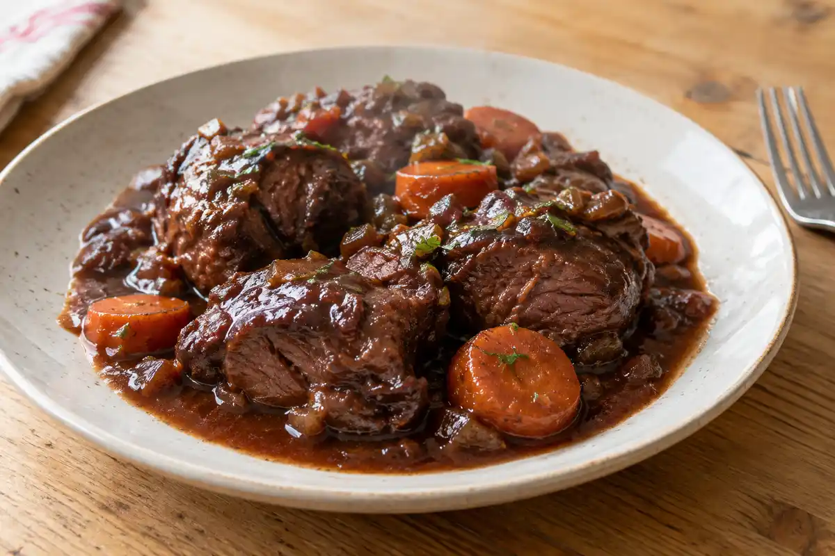 Joues de porc mijotées au vin rouge, nappées d’une sauce brune, pour découvrir la recette et sa cuisson longue.