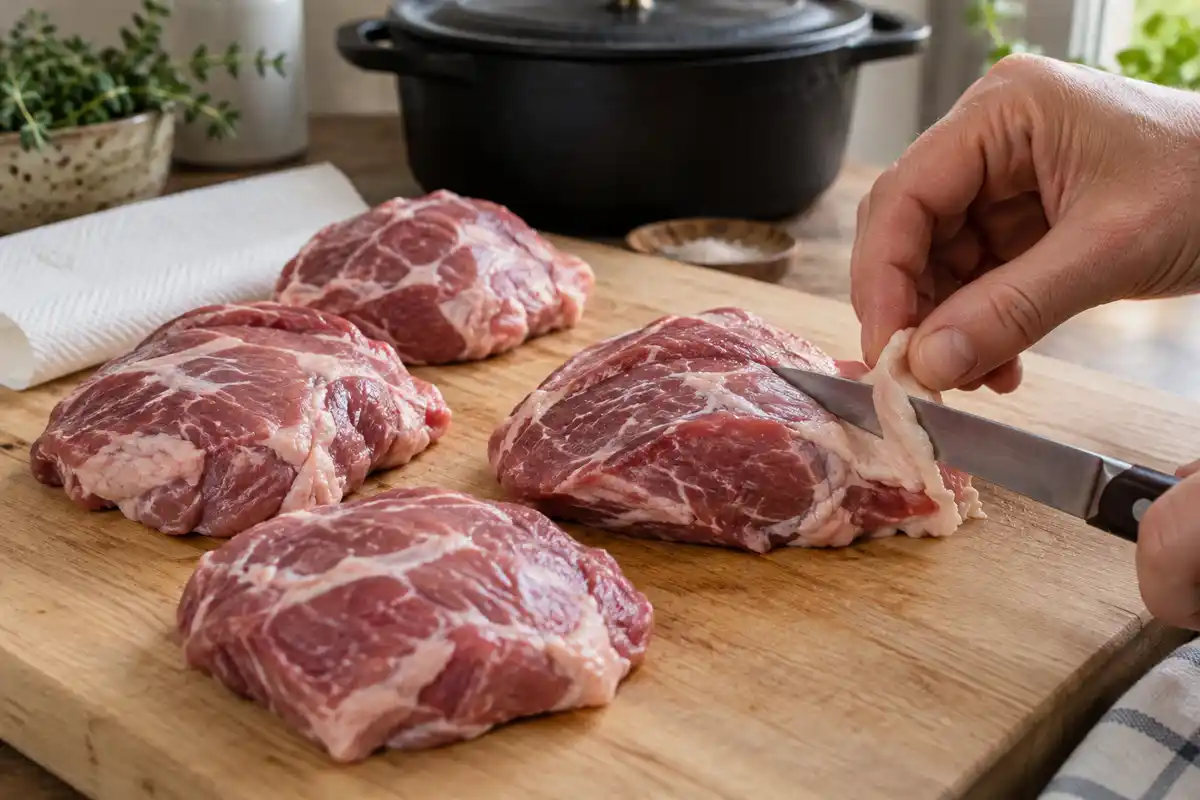 Le parage lĂ©ger retire lâexcĂ©dent de gras des joues de porc, puis le sĂ©chage prĂ©pare la viande Ă ĂȘtre saisie.