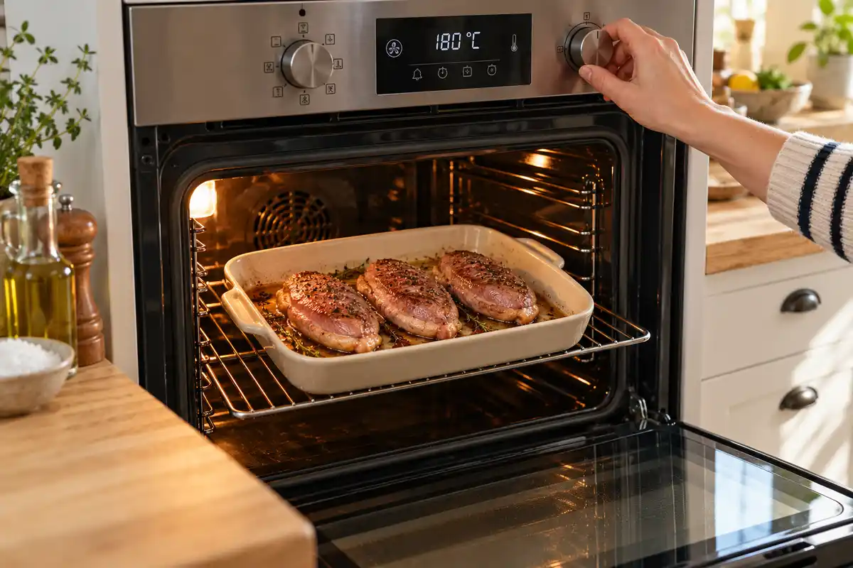 Une main rÚgle le four à 180 °C pour la seconde phase, avec les trois magrets retournés dans le plat.
