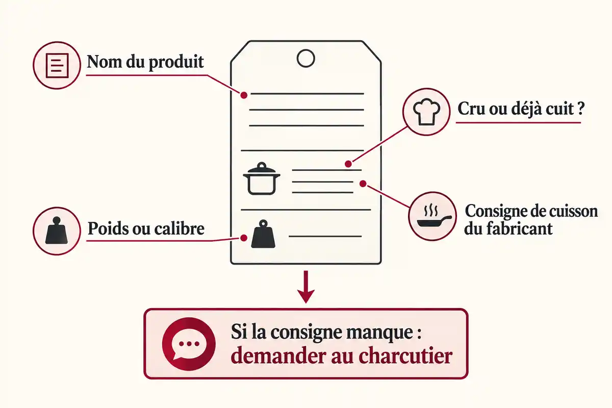 Avant la cuisson, vérifier le nom du produit, son état, son poids ou calibre et sa consigne ; demander au charcutier si elle manque.