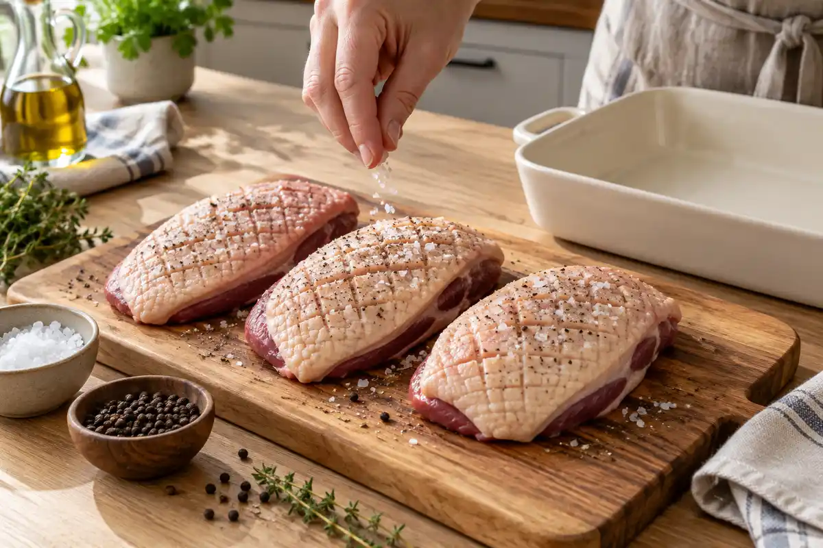 Une main sale trois magrets crus quadrillés avant leur cuisson au four, avec du poivre à proximité.