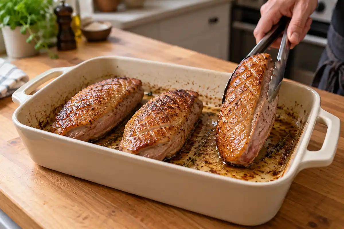 Une main retourne un magret avec des pinces tandis que deux autres restent dans le plat, entre les phases de cuisson.