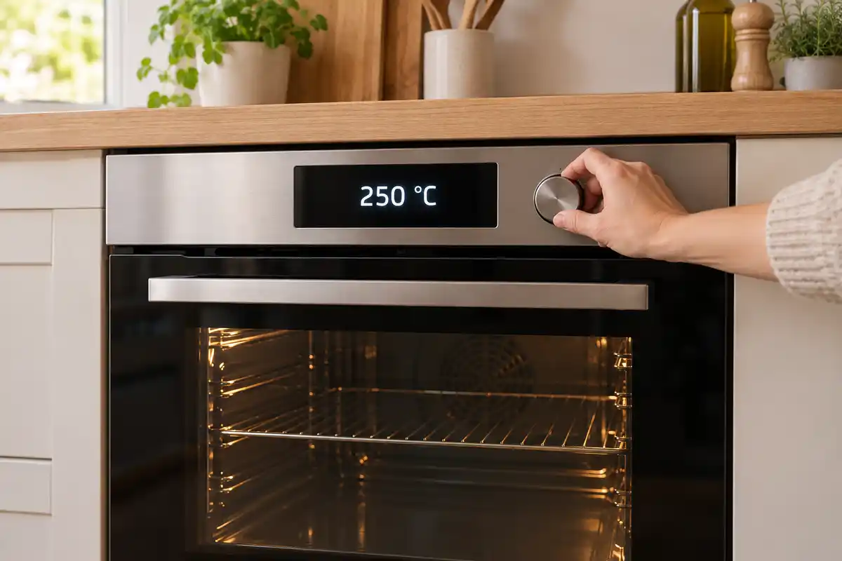 Une main rÚgle le four à 250 °C avant la premiÚre phase de cuisson des magrets.